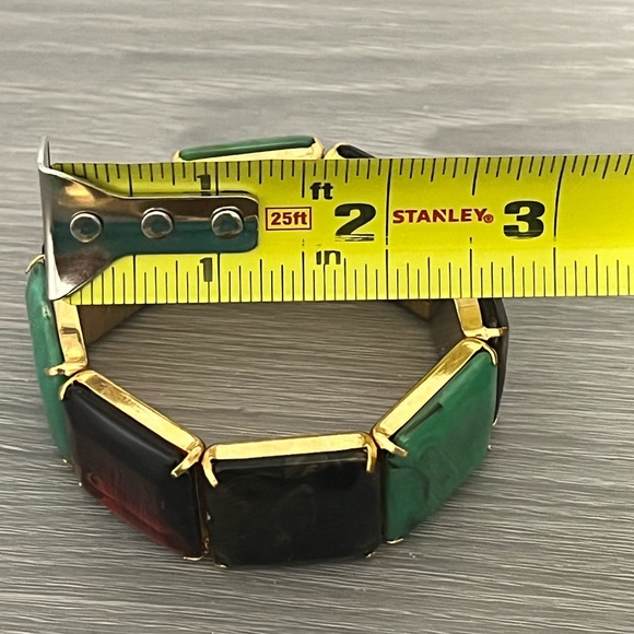 Gold and Plastic Stretch Bracelet with Swirl Design, Red, Turquoise, Brown, Boho - Picture 5 of 5